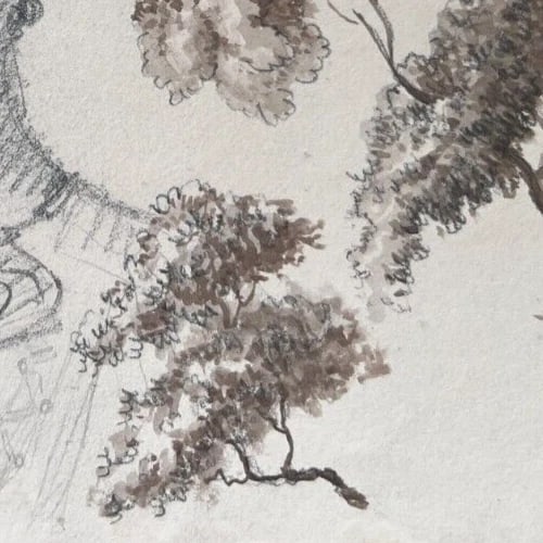 Woman Portrait with Hat, Trees 19th century -Drawing Antique Original - 6