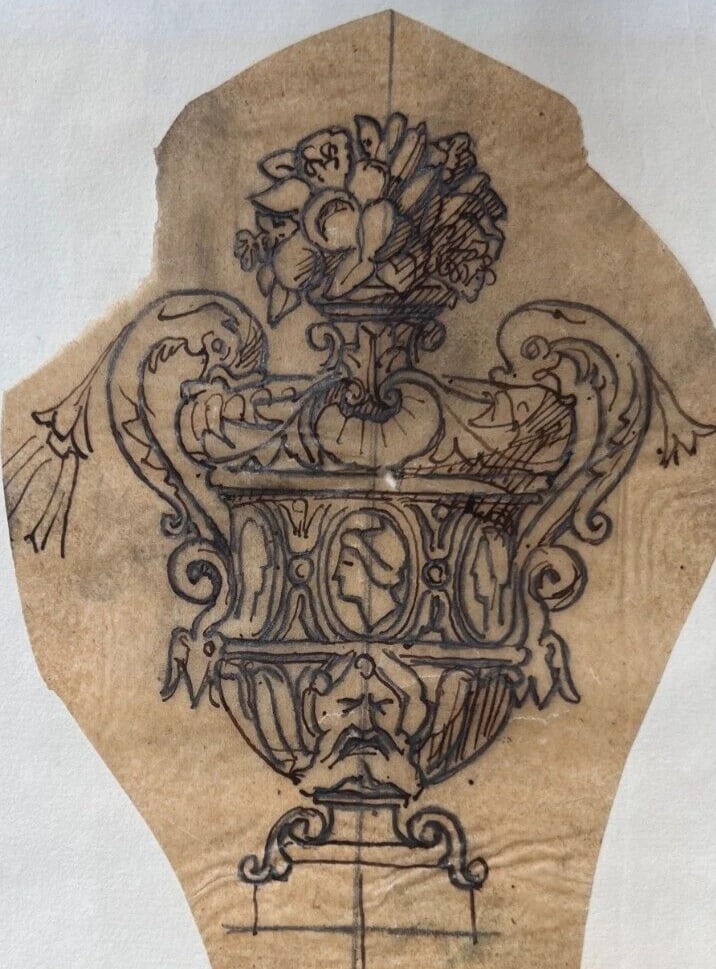 Architecture Vase Decoration Floral - Antique Original Drawing 19th century: Title: Architecture Vase Decoration Floral - Antique Original Drawing 19th century Description: Ink on paper 20 x 12 cm / 7.87 x 4.72 inches stains, small cuts, laminated on paper Reserve: $80.00 Ship