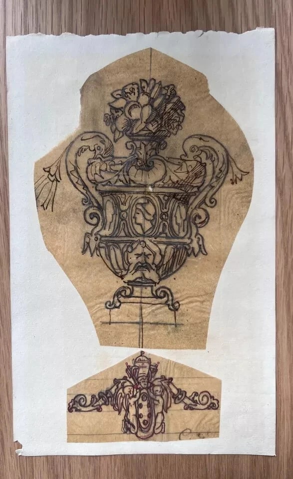 Architecture Vase Decoration Floral - Antique Original Drawing 19th century - 2
