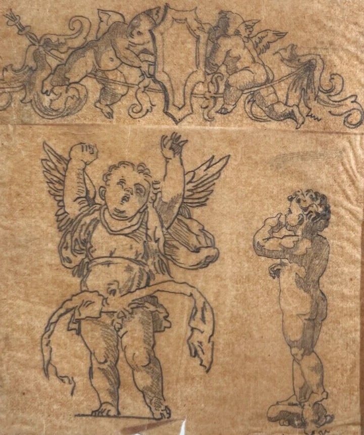 Putti Angels Portrait Vase Architecture 19th century - Antique Original Drawing: Title: Putti Angels Portrait Vase Architecture 19th century - Antique Original Drawing Description: Pencil on paper 20 x 12 cm / 7.87 x 4.72 inches stains, small cuts, laminated on paper Reserve: $80.