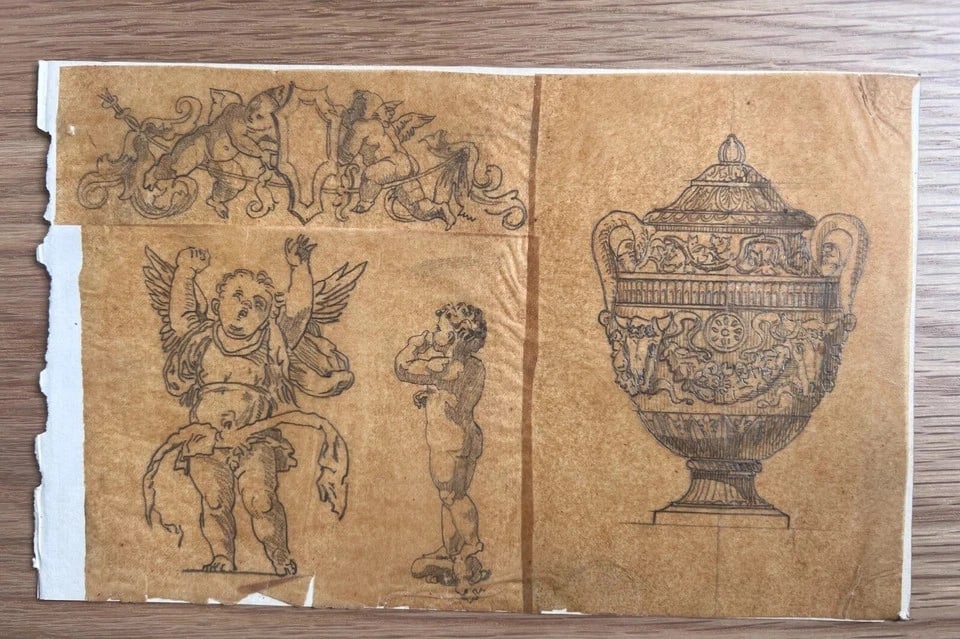 Putti Angels Portrait Vase Architecture 19th century - Antique Original Drawing - 2