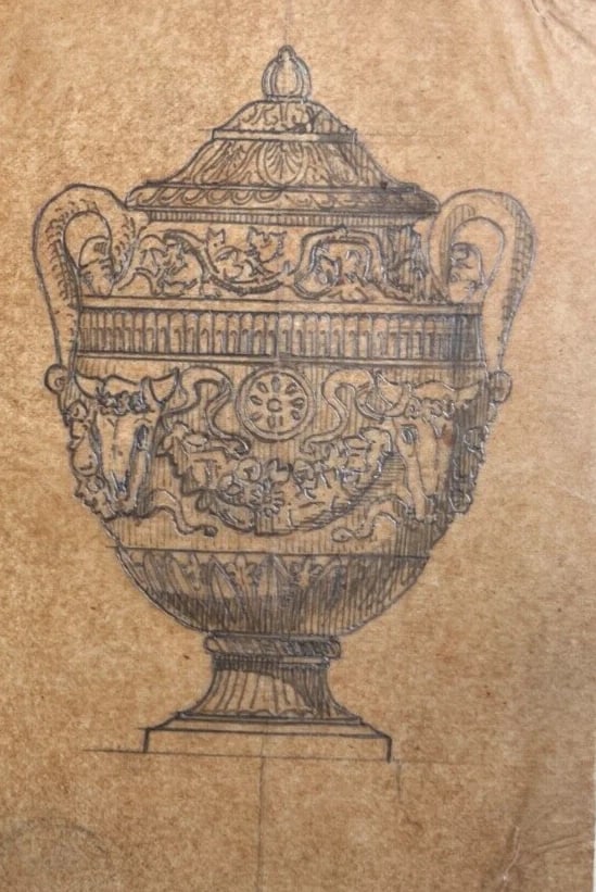 Putti Angels Portrait Vase Architecture 19th century - Antique Original Drawing - 3