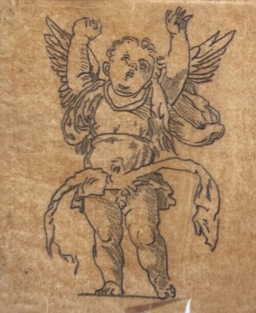 Putti Angels Portrait Vase Architecture 19th century - Antique Original Drawing - 4