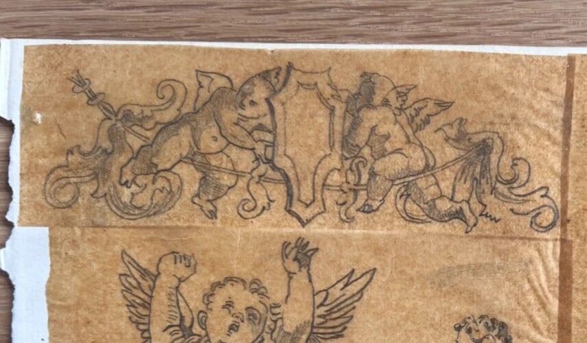 Putti Angels Portrait Vase Architecture 19th century - Antique Original Drawing - 7