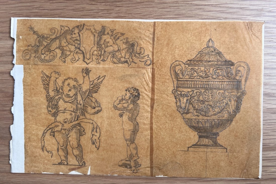 Putti Angels Portrait Vase Architecture 19th century - Antique Original Drawing - 8