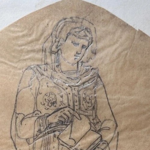 Portrait Woman Book People 19th century - Antique Original Drawing - 3
