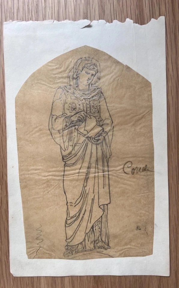 Portrait Woman Book People 19th century - Antique Original Drawing - 6