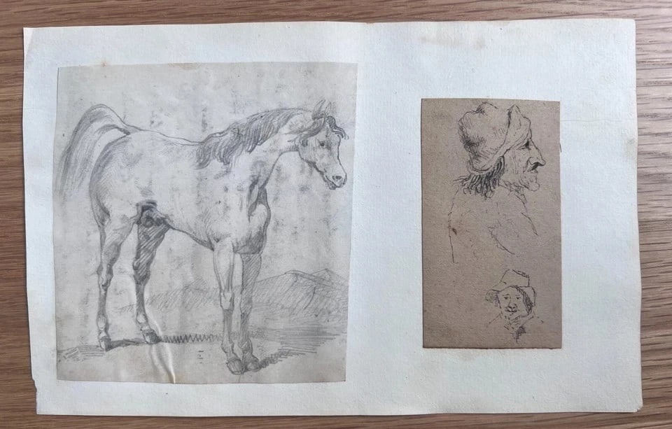 Man Portrait Horse Animal 19th century - Antique Original Drawing - 2