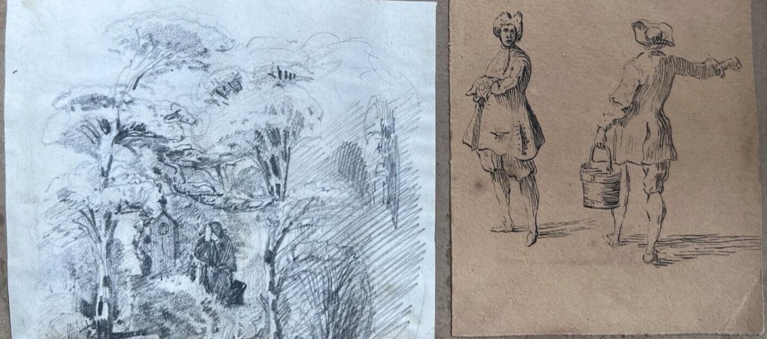 Man Portrait Forest Tree Life Scene - 19th century Antique Original Drawing - 2