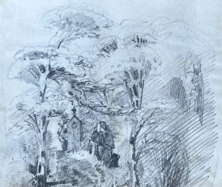 Man Portrait Forest Tree Life Scene - 19th century Antique Original Drawing - 3