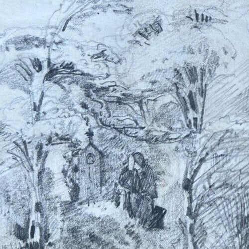 Man Portrait Forest Tree Life Scene - 19th century Antique Original Drawing - 4