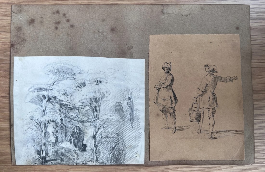Man Portrait Forest Tree Life Scene - 19th century Antique Original Drawing - 6