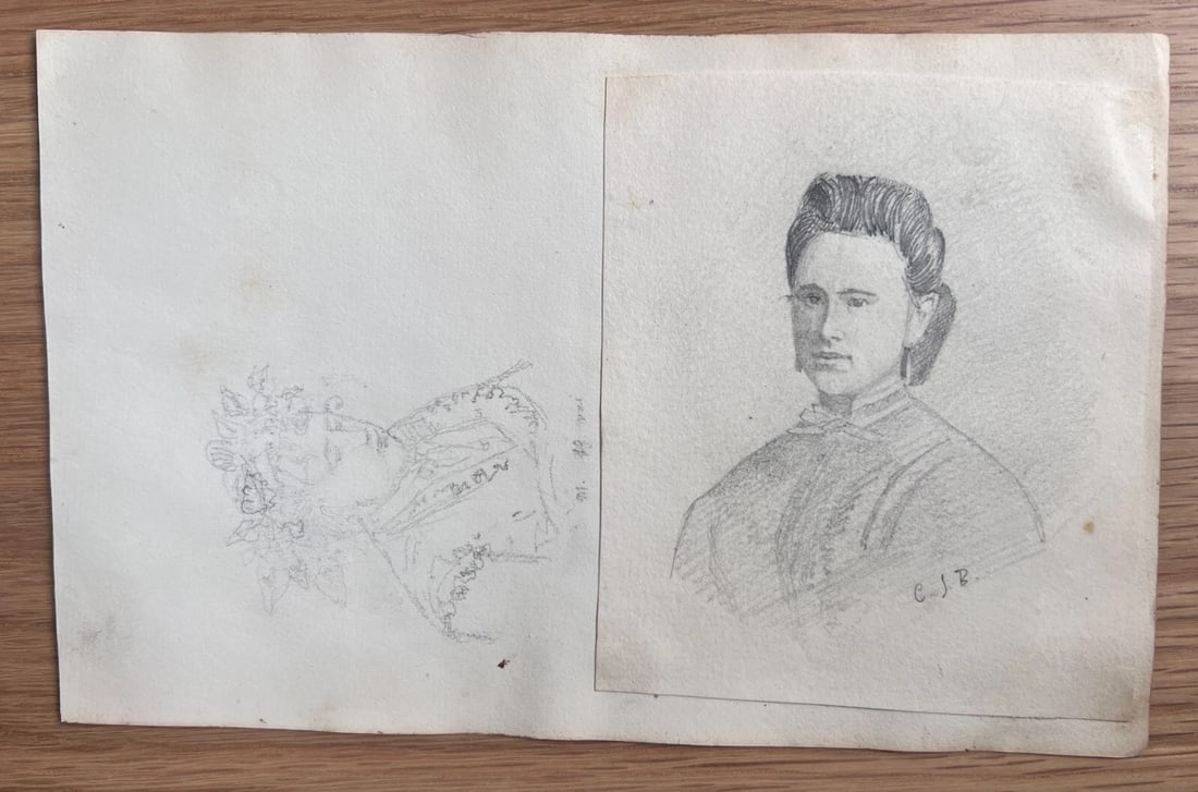 Antique Original Drawing Woman Portrait, People 19th century - 2