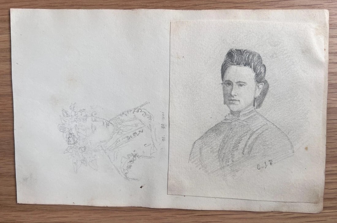 Antique Original Drawing Woman Portrait, People 19th century - 4