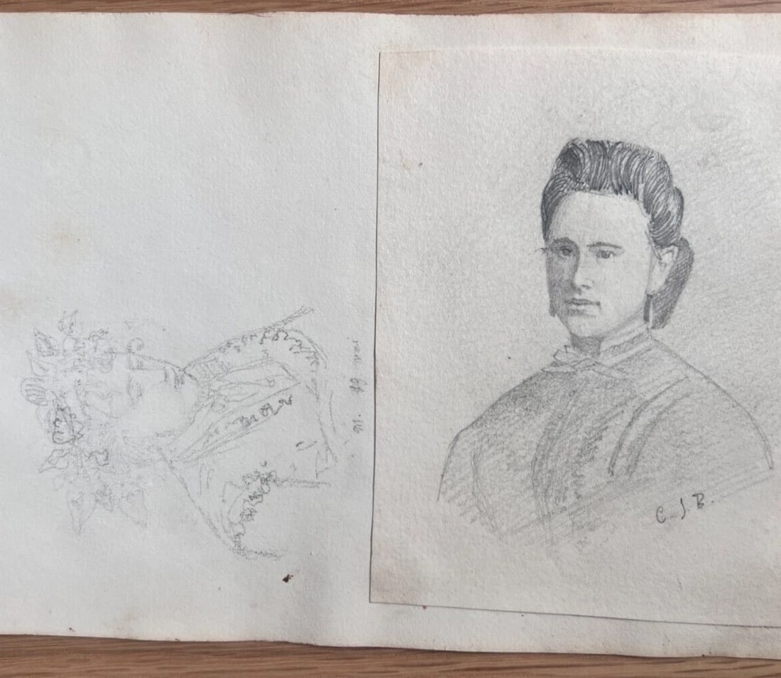 Antique Original Drawing Woman Portrait, People 19th century - 7