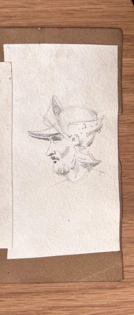 Man Portrait Hat 19th century - Antique Original Drawing - 2