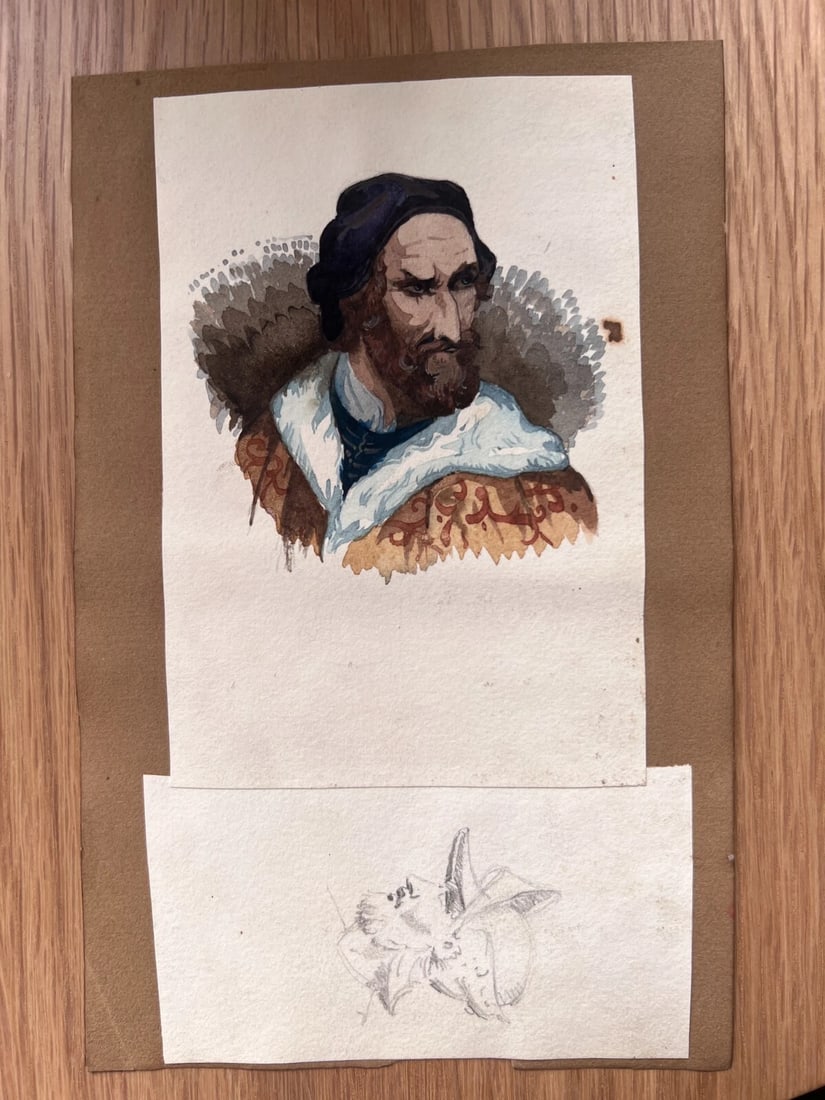 Man Portrait Hat 19th century - Antique Original Drawing - 7