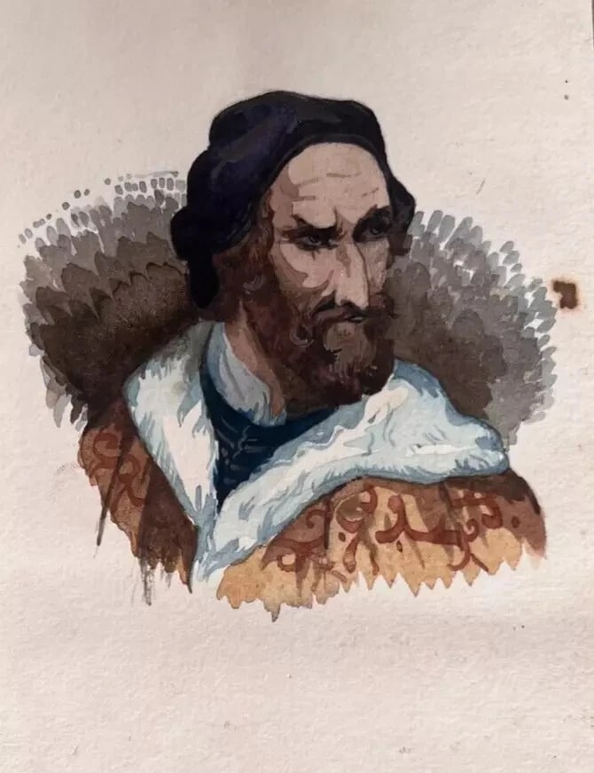 Man Portrait Hat 19th century - Antique Original Drawing - 8