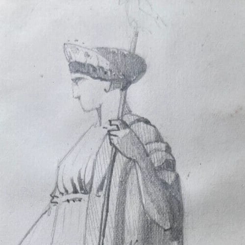 Woman Portrait Junon Mythology 19th century - Antique Original Drawing - 2