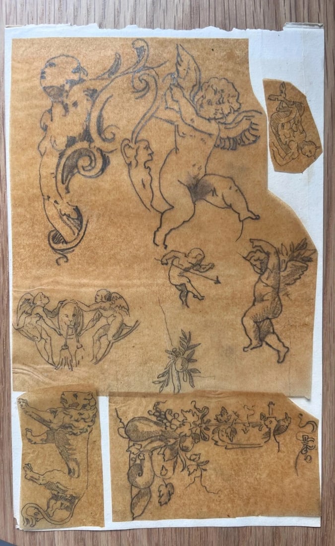 Putti, Angeles, Mythology 19th century Antique Original Drawing - 2