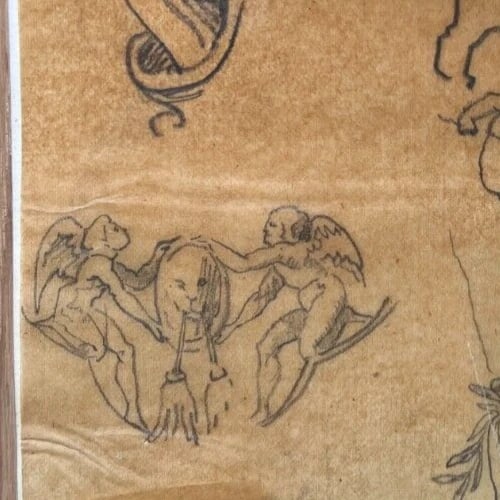 Putti, Angeles, Mythology 19th century Antique Original Drawing - 3