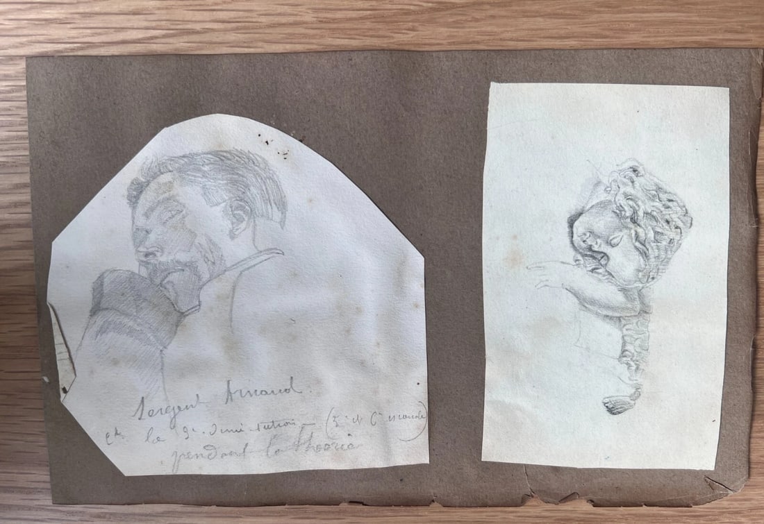 Man, Putti, Angel Portrait 19th century Antique Original Drawing - 2