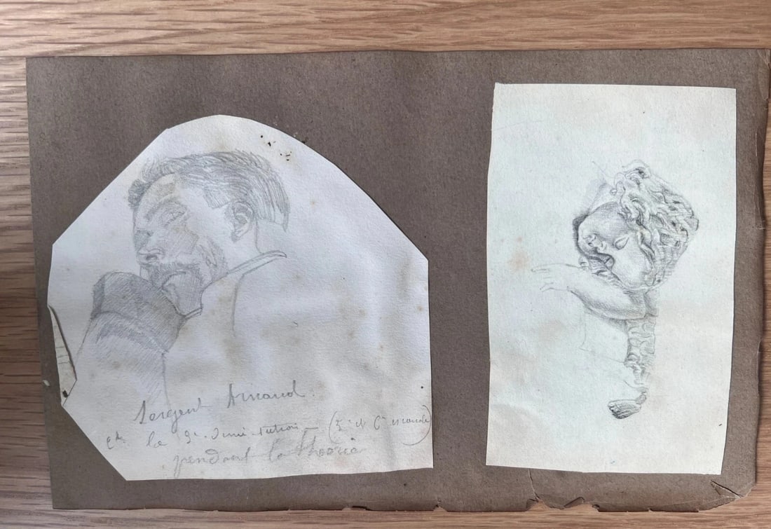 Man, Putti, Angel Portrait 19th century Antique Original Drawing - 4