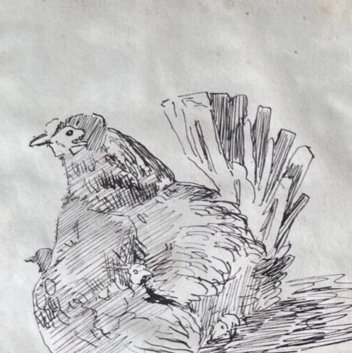 Landscape Chicken Woman Portrait - Antique Original Drawing 19th century - 7