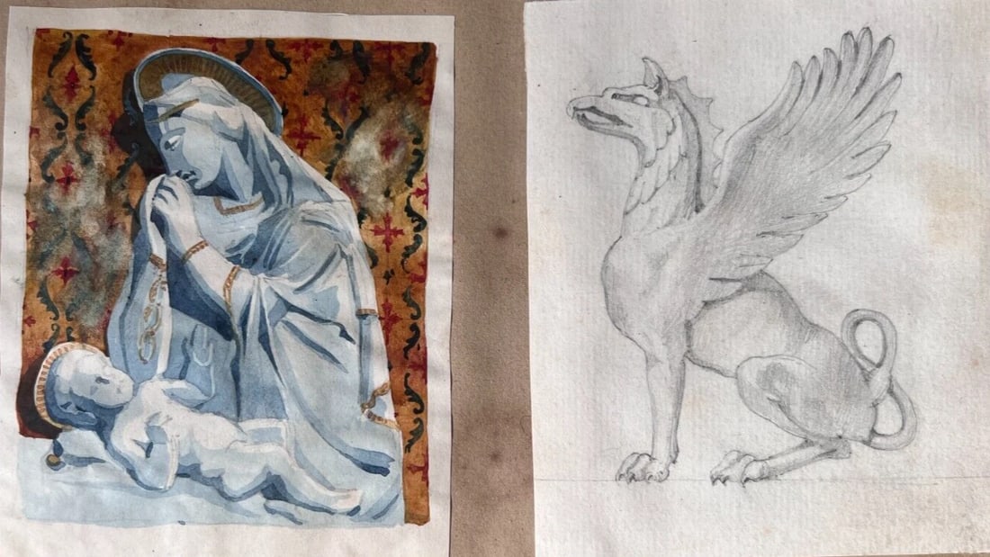 Antique Original Drawing Mary Portrait, Jesus Woman, Sculpture 19th century: Title: Antique Original Drawing Mary Portrait, Jesus Woman, Sculpture 19th century Description: Watercolor on paper 20 x 12 cm stains, small cuts, folds, laminated on paper Reserve: $100.00 Shipping: 