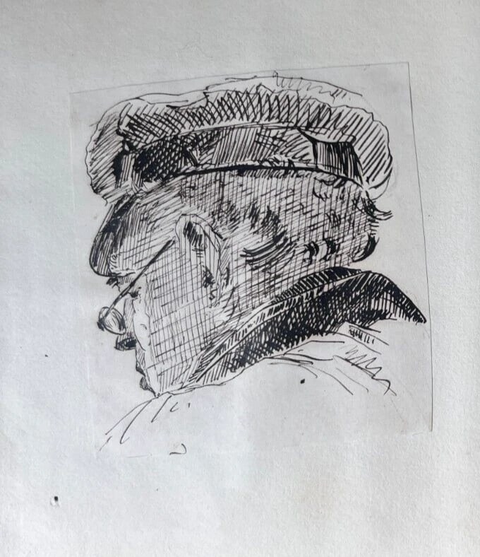Man Portrait Dear Animal - 19th century Antique Original Drawing - 2