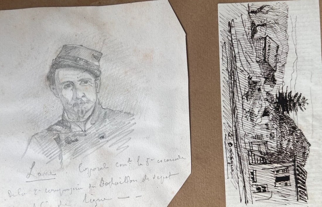 Man Portrait Landscape House - Antique Original Drawing 19th century - 2