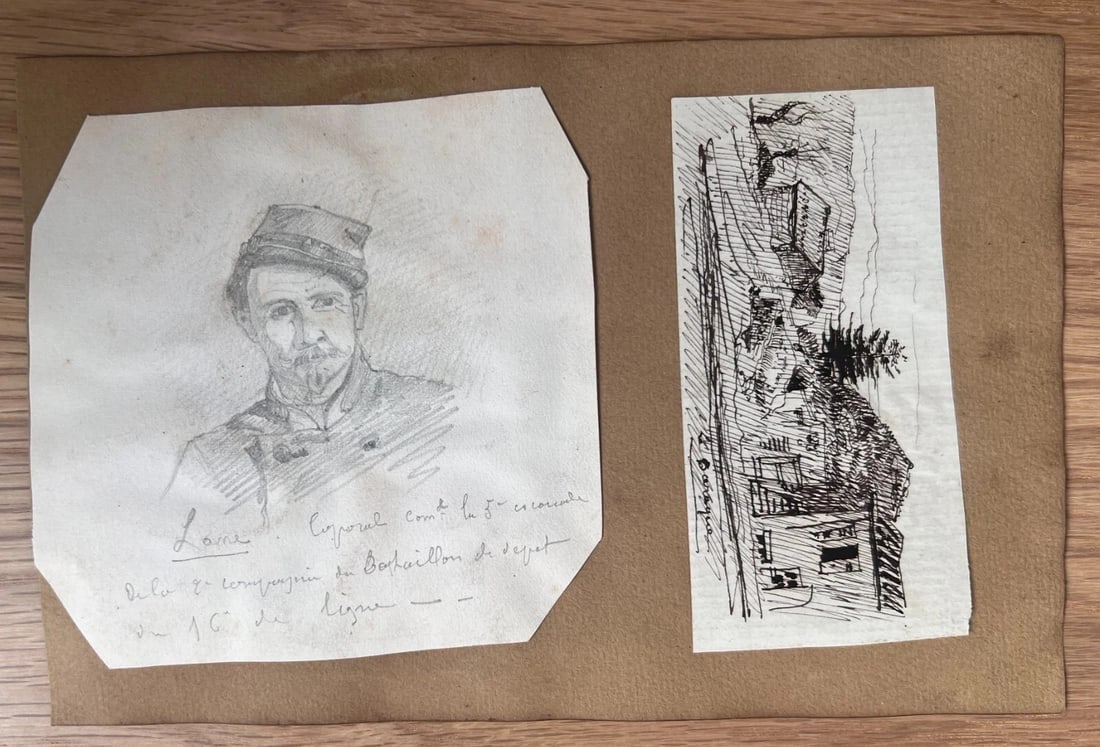 Man Portrait Landscape House - Antique Original Drawing 19th century - 3