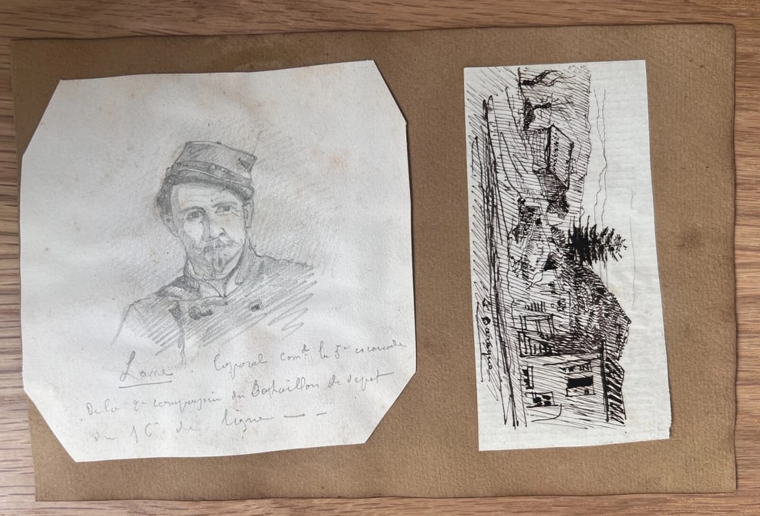 Man Portrait Landscape House - Antique Original Drawing 19th century - 5