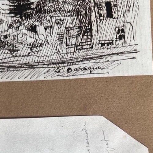 Man Portrait Landscape House - Antique Original Drawing 19th century - 7