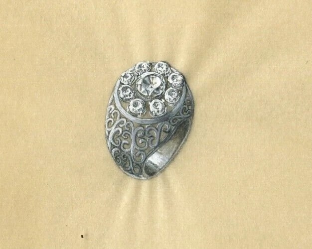 Art Deco Diamond Ring - Vintage Original Jewelry Drawing: Title: Art Deco Diamond Ring - Vintage Original Jewelry Drawing Description: Pencil and watercolor on tracing paper 16 x 17.5 cm / 6.29 x 6.88 inches folds Reserve: $50.00 Shipping: Domestic: Flat-rat