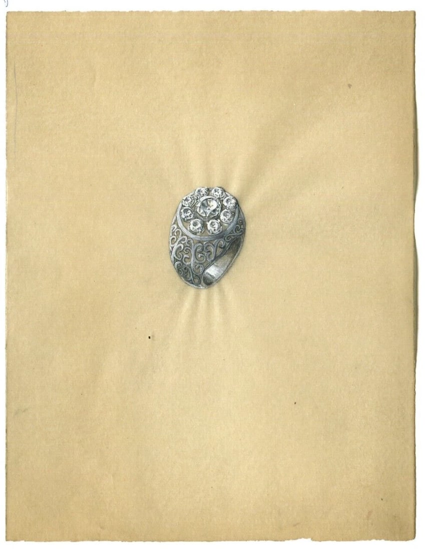 Art Deco Diamond Ring - Vintage Original Jewelry Drawing - 7