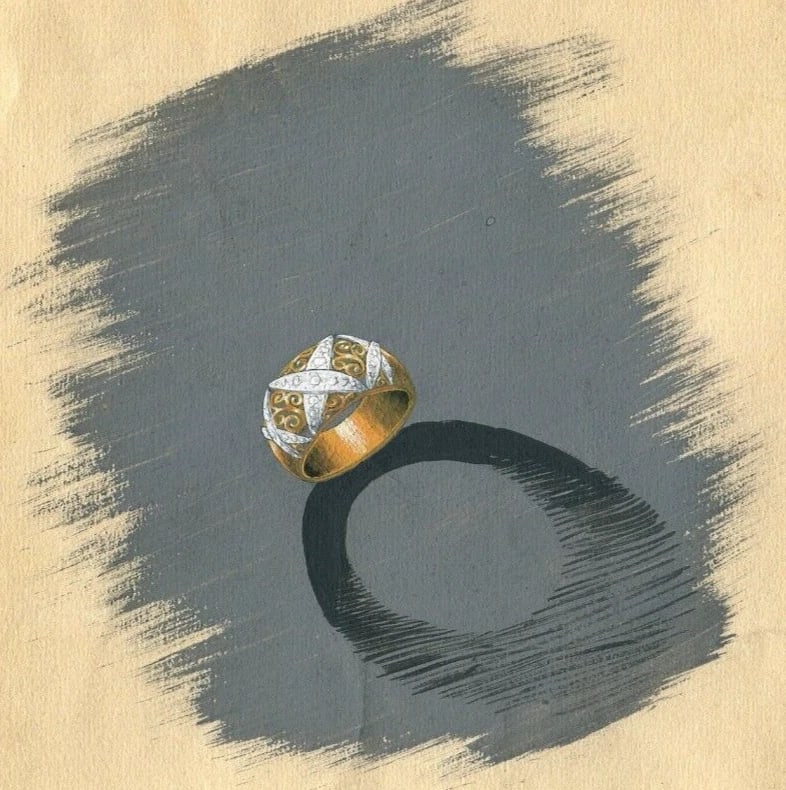 Art Deco Diamond Ring - Vintage Original Jewelry Drawing: Title: Art Deco Diamond Ring - Vintage Original Jewelry Drawing Description: Pencil and watercolor on tracing paper 16 x 17.5 cm / 6.29 x 6.88 inches folds Reserve: $50.00 Shipping: Domestic: