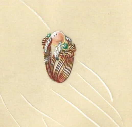 Jewelry Drawing Art Deco Stones Gold Ring - Vintage Original: Title: Jewelry Drawing Art Deco Stones Gold Ring - Vintage Original Description: Pencil and watercolor on tracing paper 16 x 17.5 cm / 6.29 x 6.88 inches folds Reserve: $50.00 Shipping: Domestic: Flat