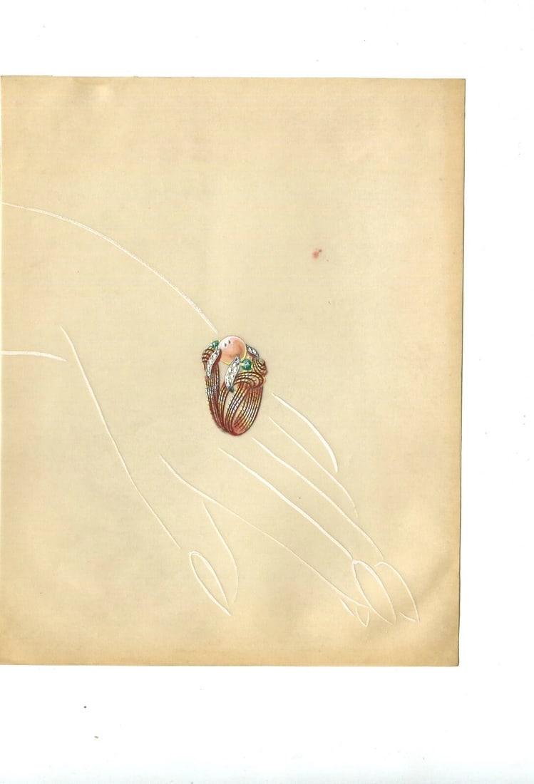 Jewelry Drawing Art Deco Stones Gold Ring - Vintage Original - 4