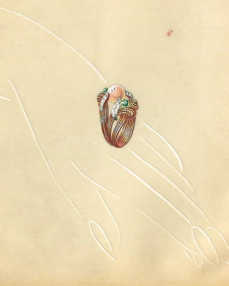 Jewelry Drawing Art Deco Stones Gold Ring - Vintage Original - 7