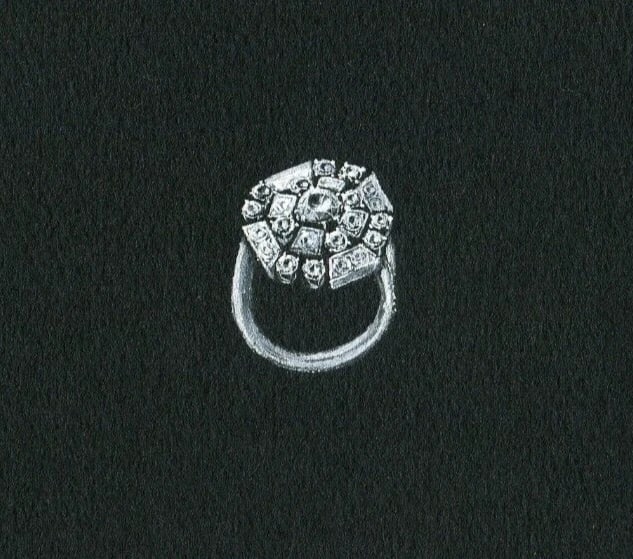 Vintage Original Jewelry Drawing Art Deco Emerald Diamond Ring: Title: Vintage Original Jewelry Drawing Art Deco Emerald Diamond Ring Description: Pencil and watercolor on tracing paper 16 x 17.5 cm folds Reserve: $50.00 Shipping: Domestic: Flat-rate of $22.00 to