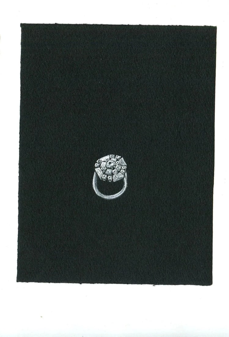 Vintage Original Jewelry Drawing Art Deco Emerald Diamond Ring - 2