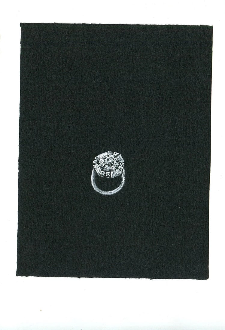 Vintage Original Jewelry Drawing Art Deco Emerald Diamond Ring - 4