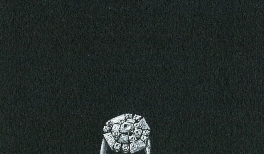Vintage Original Jewelry Drawing Art Deco Emerald Diamond Ring - 6