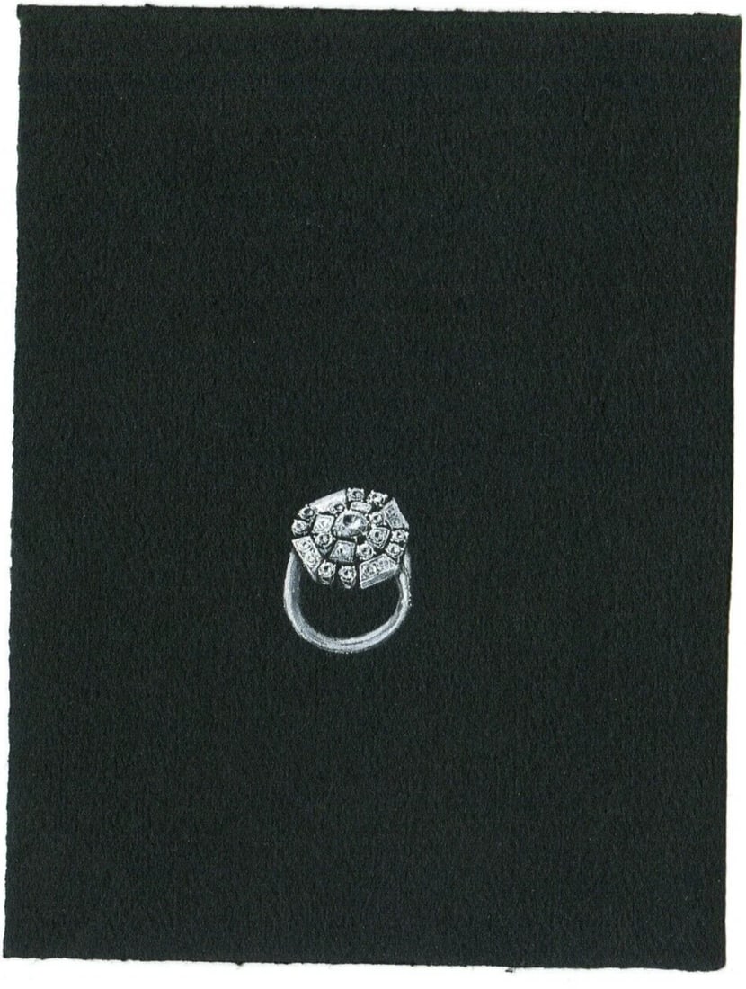 Vintage Original Jewelry Drawing Art Deco Emerald Diamond Ring - 7