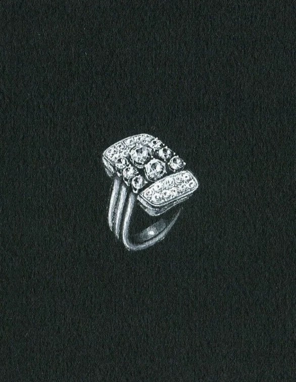 Vintage Original Jewelry Drawing Art Deco Emerald Diamond Ring: Title: Vintage Original Jewelry Drawing Art Deco Emerald Diamond Ring Description: Pencil and watercolor on tracing paper 16 x 17.5 cm folds Reserve: $50.00 Shipping: Domestic: Flat-rate of $22.00 to