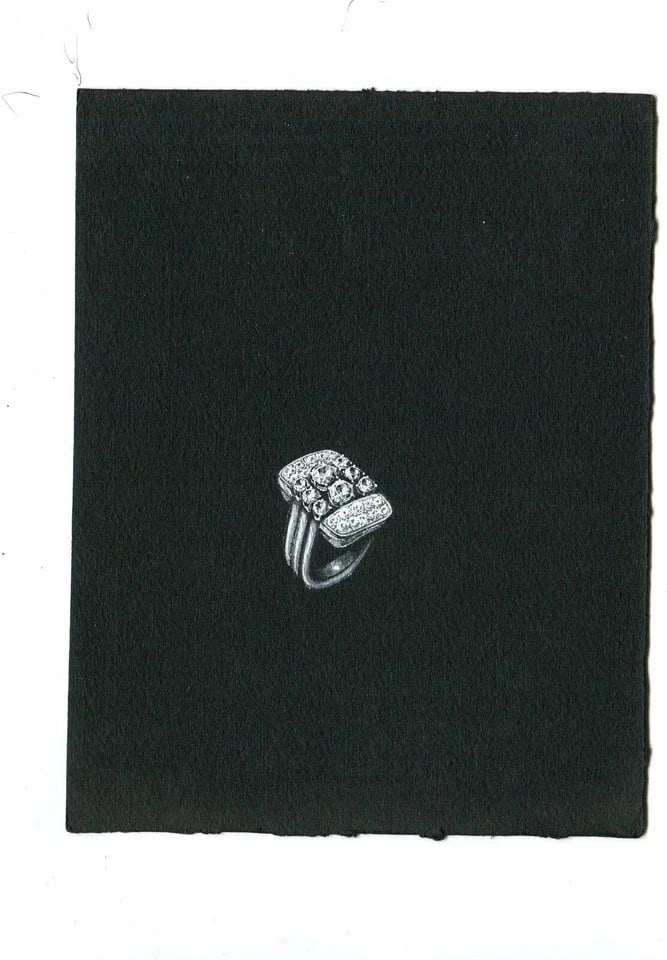 Vintage Original Jewelry Drawing Art Deco Emerald Diamond Ring - 4