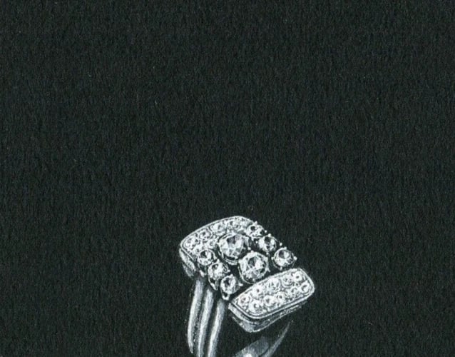 Vintage Original Jewelry Drawing Art Deco Emerald Diamond Ring - 6