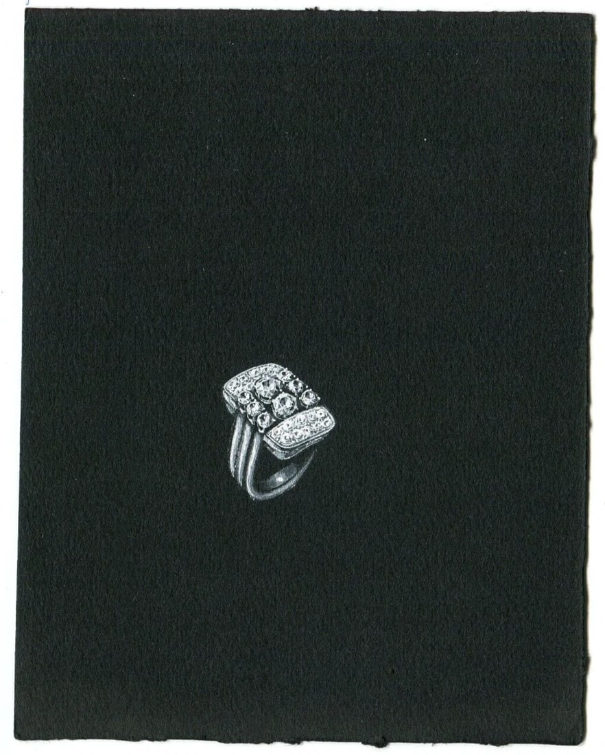 Vintage Original Jewelry Drawing Art Deco Emerald Diamond Ring - 7