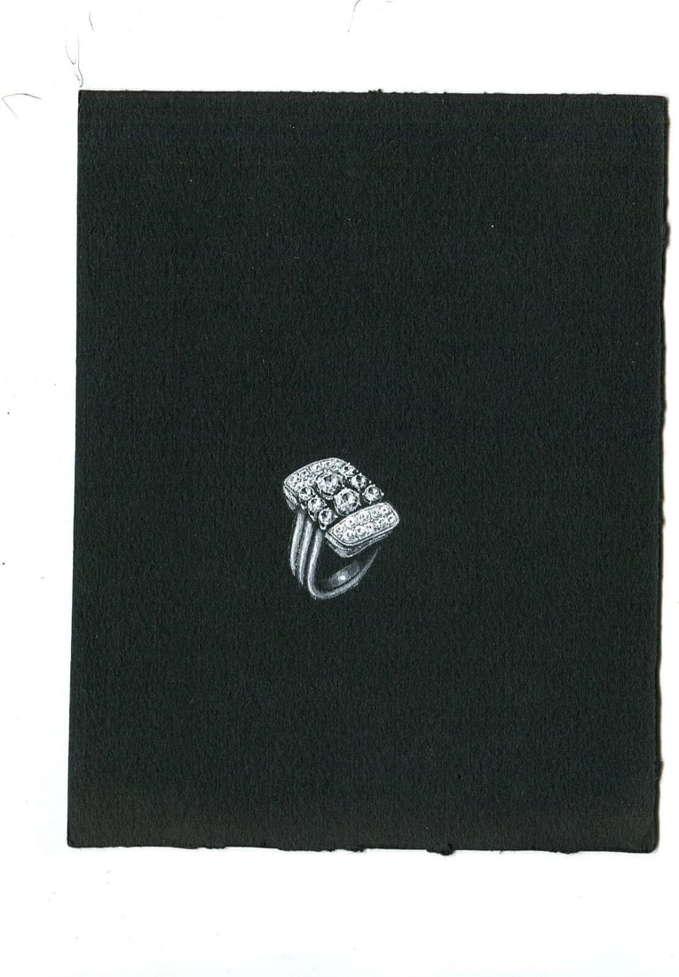 Vintage Original Jewelry Drawing Art Deco Emerald Diamond Ring - 8